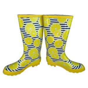 Serra Lemon Slice Striped Tall Rubber Rain Boots Womens Sz 9 Yellow Blue White